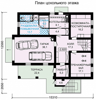 Проект дома с цокольным этажом, тренажерным залом, сауной и гаражом на два автомобиля / План цокольного этажа