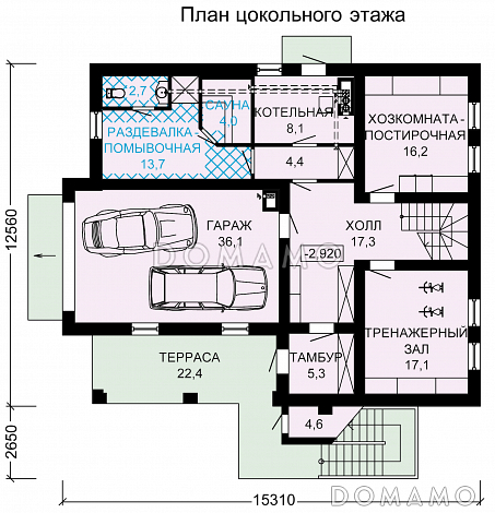 Проект дома с цокольным этажом, тренажерным залом, сауной и гаражом на два автомобиля / План цокольного этажа