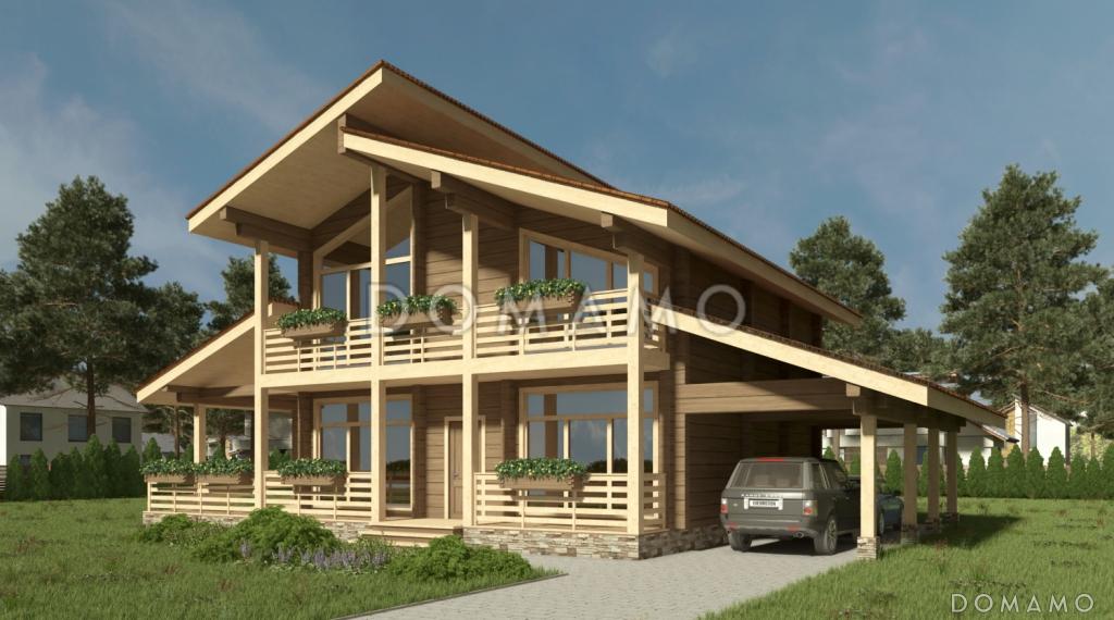 Проект деревянного дома из клееного бруса с многоуровневой крышей и навесом для авто / 1