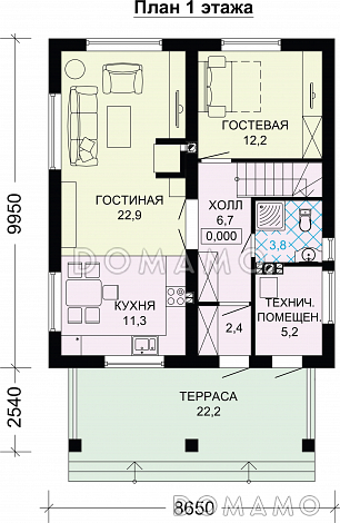 Проект двухэтажного дома из газобетона до 150 кв.м / План 1 этажа