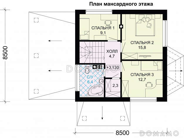 Проект дома из газобетона с многощипцовой крышей и навесом для авто / План мансардного этажа