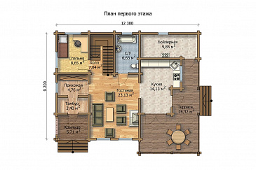 Проект дома из клееного бруса с небольшой лоджией на втором этаже / План 1 этажа
