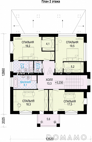 Проект трехэтажного загородного дома из газобетона / План 2 этажа