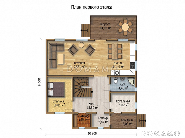 Проект дома с небольшой террасой и гостиной, которая объединена с кухней / План 1 этажа