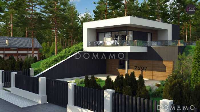 Проект современного двухэтажного дома из газобетона с плоской крышей необычного дизайна, подходит для участка со склоном
