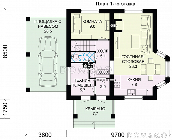 Проект дома из газобетона с многощипцовой крышей и навесом для авто / План 1 этажа