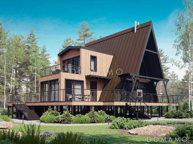 Дом A-frame с обходной террасой и бассейном